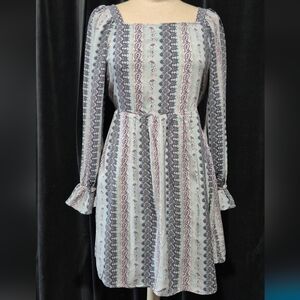 Art Class Long Sleeve Dress with Blue and Pink Patterns